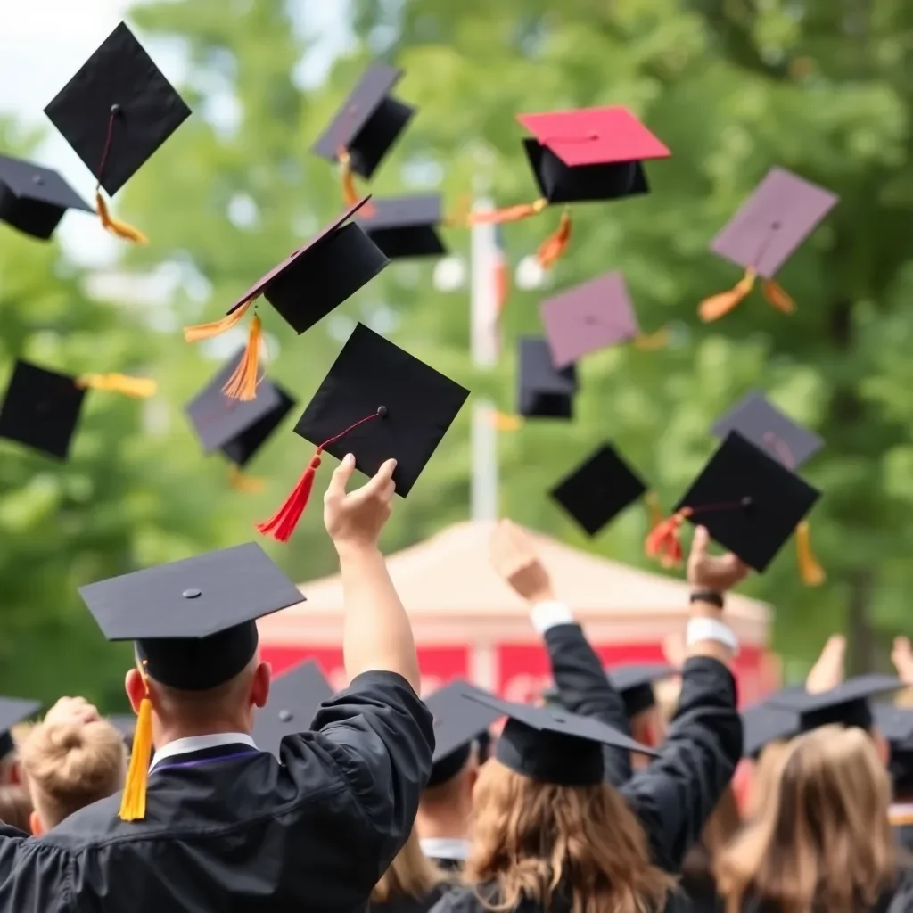 Graduation caps flying in celebration at outdoor ceremony.