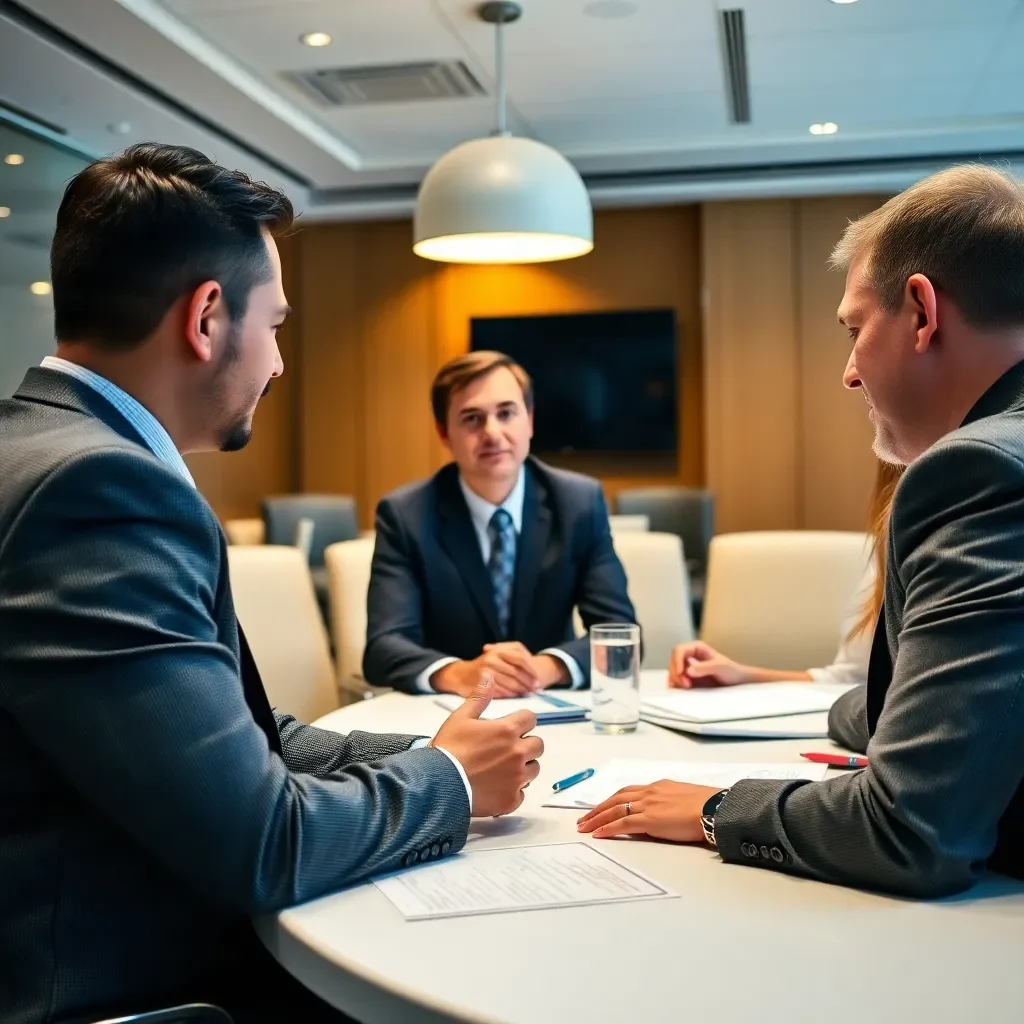 Business professionals discussing economic growth in a conference room.