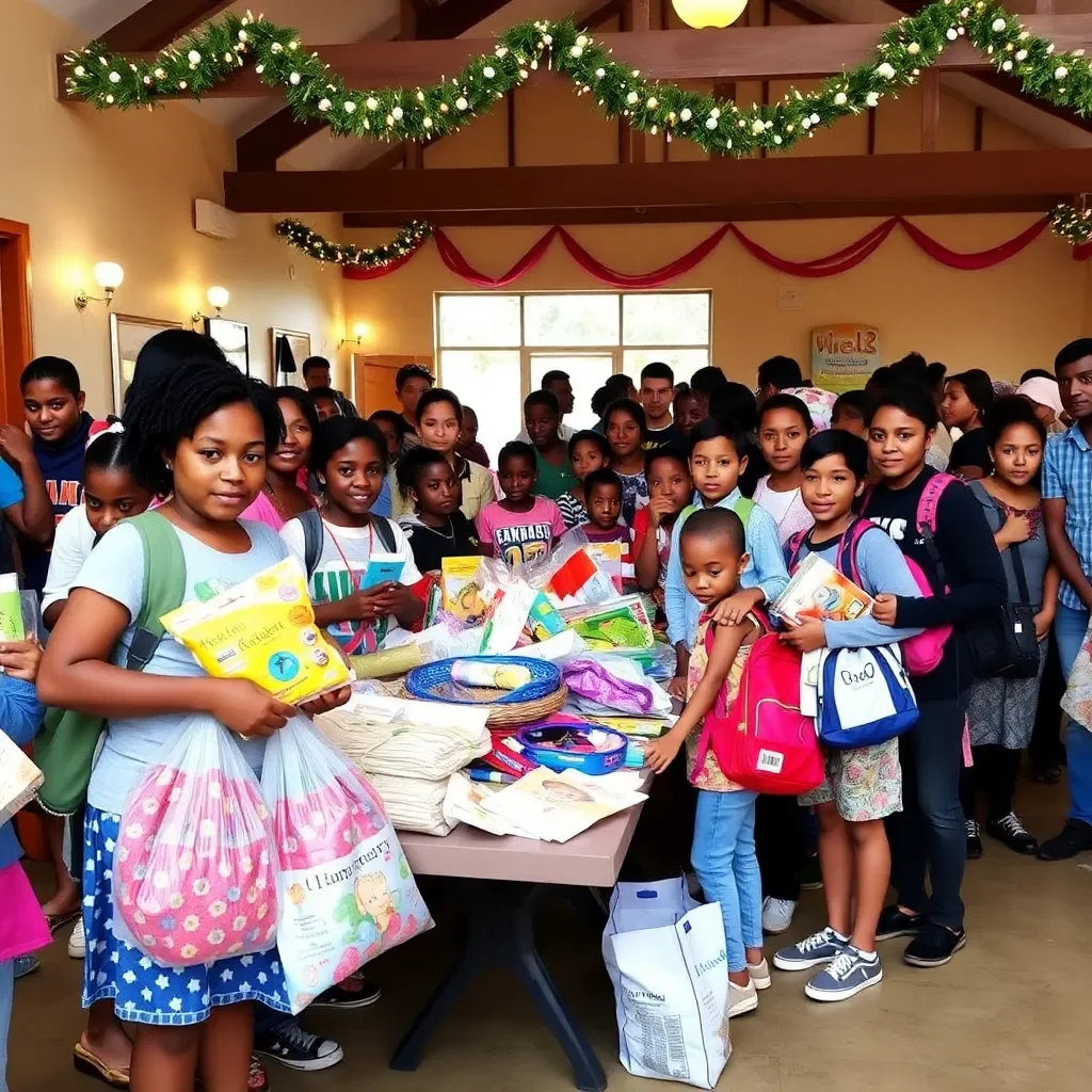 Festive community gathering with school supplies and donations.