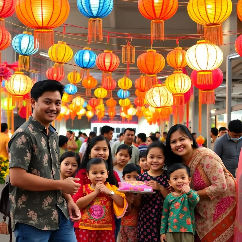 Colorful festival decorations with happy families enjoying activities.