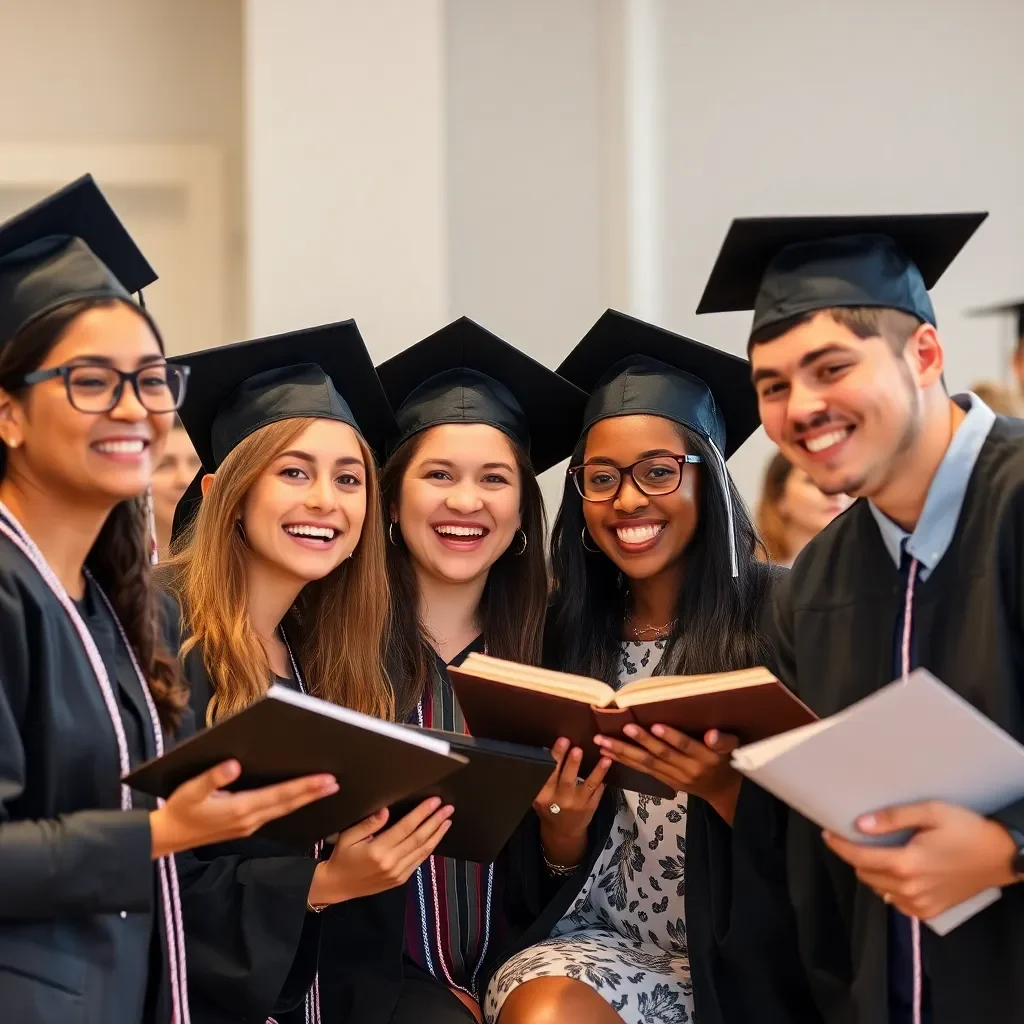 Joyful graduation celebration with diverse age group studying together.