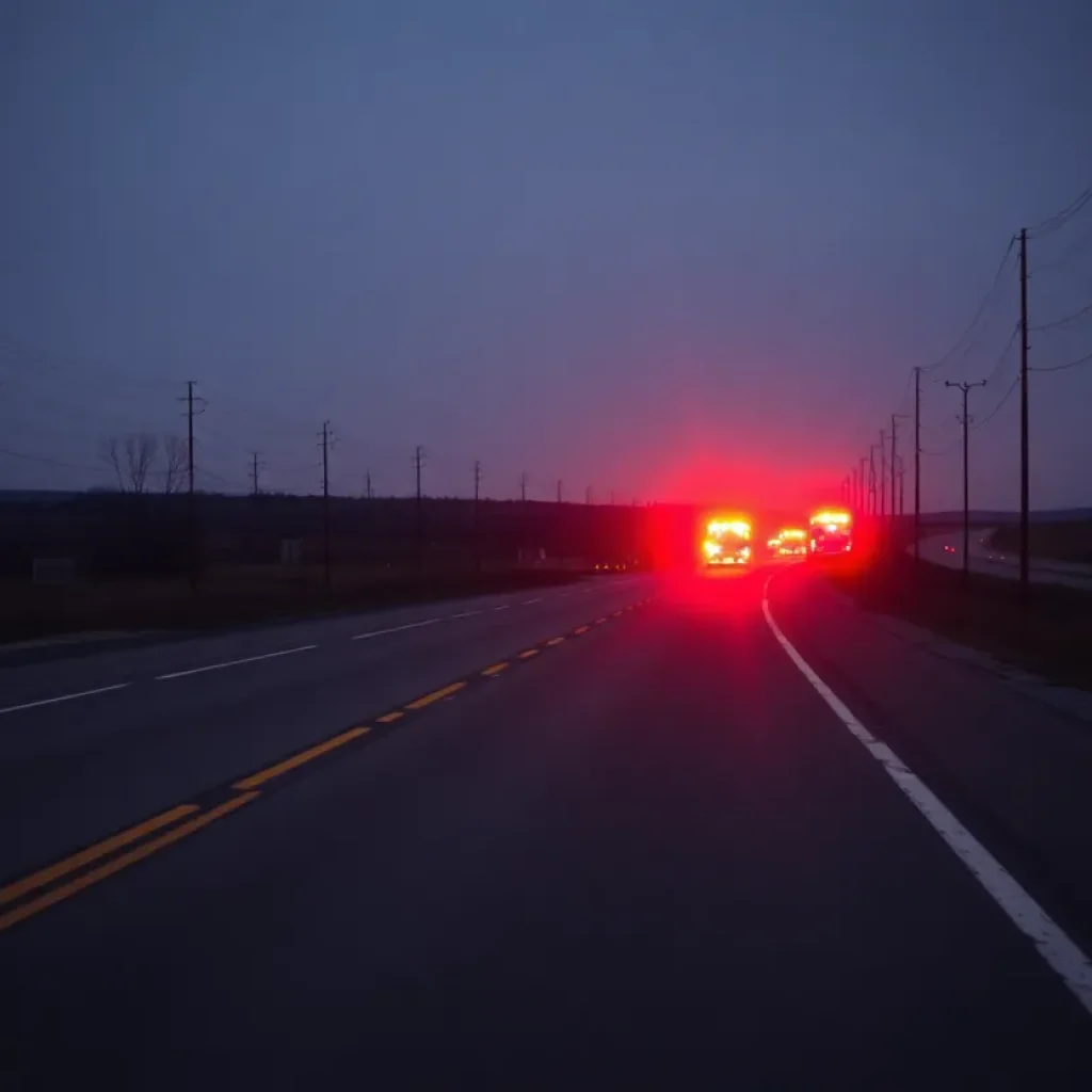 Desolate roadway marked with emergency response lights.