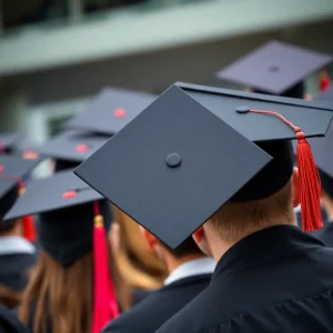 Caps and diplomas celebrating academic achievement and success.