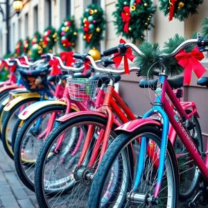 Colorful bicycles lined up with holiday decorations.