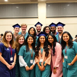 Diverse group of nursing students celebrating graduation day.