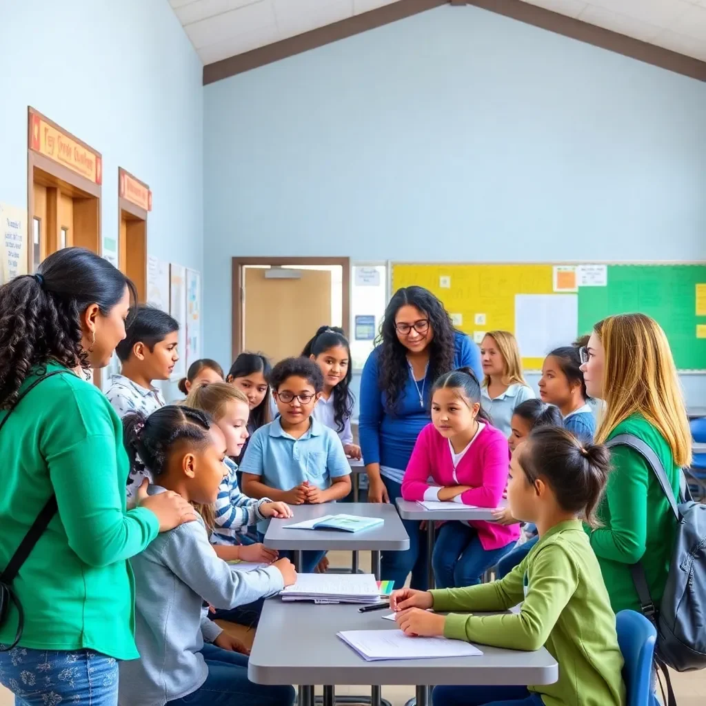 School building with diverse students and educators collaborating.