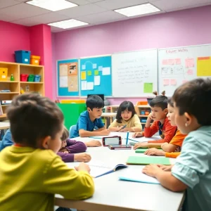 Colorful classroom filled with engaged students learning together.