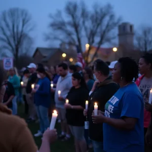 Candlelight vigil with community members gathering in solidarity.