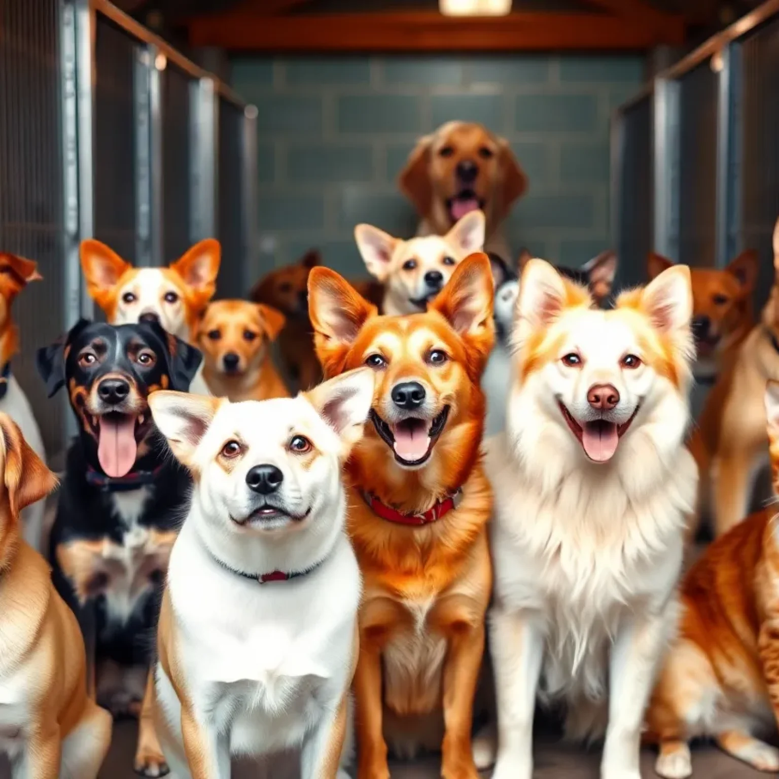 Various dogs and cats in an animal shelter waiting for adoption