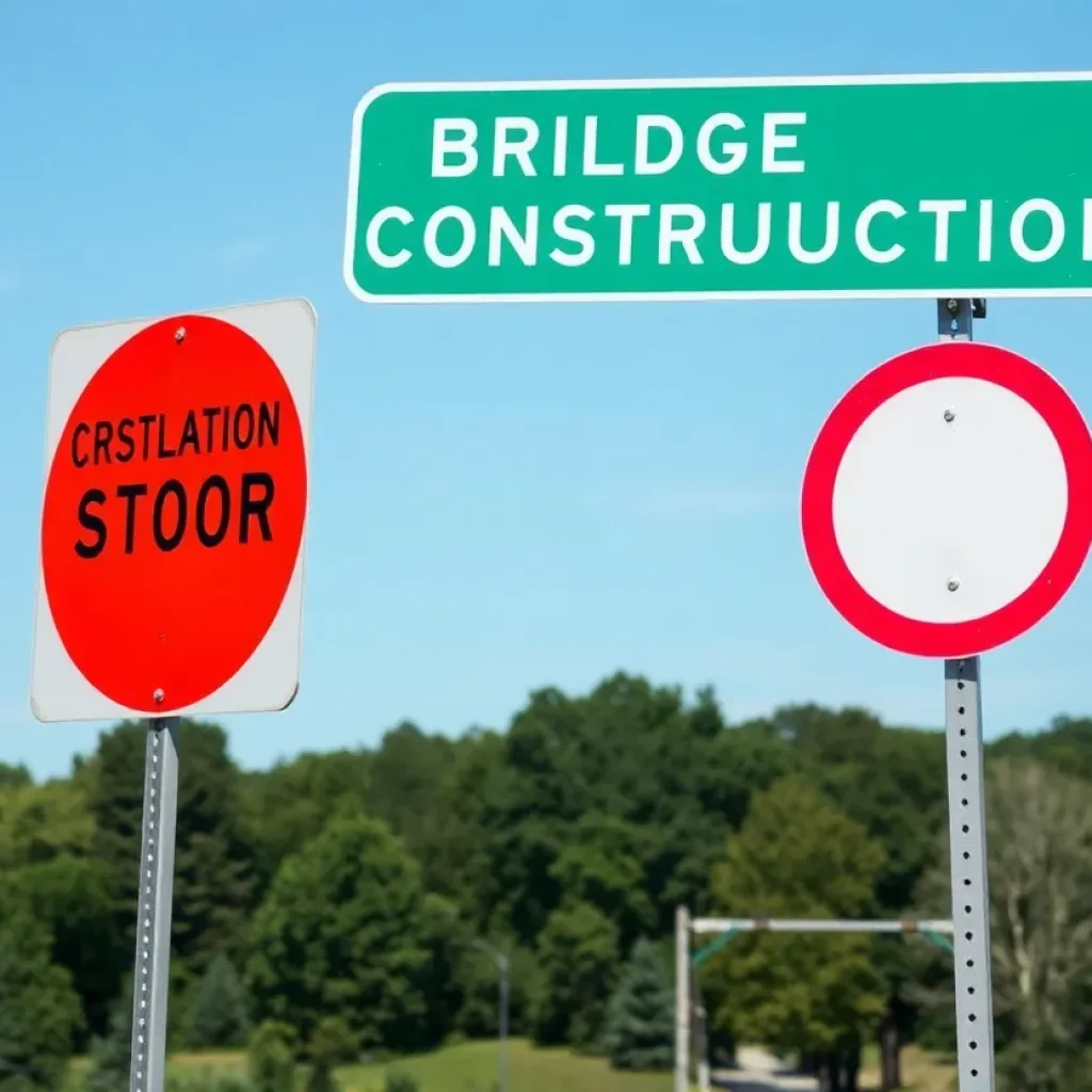 Road sign showing bridge construction in Aiken County