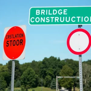 Road sign showing bridge construction in Aiken County