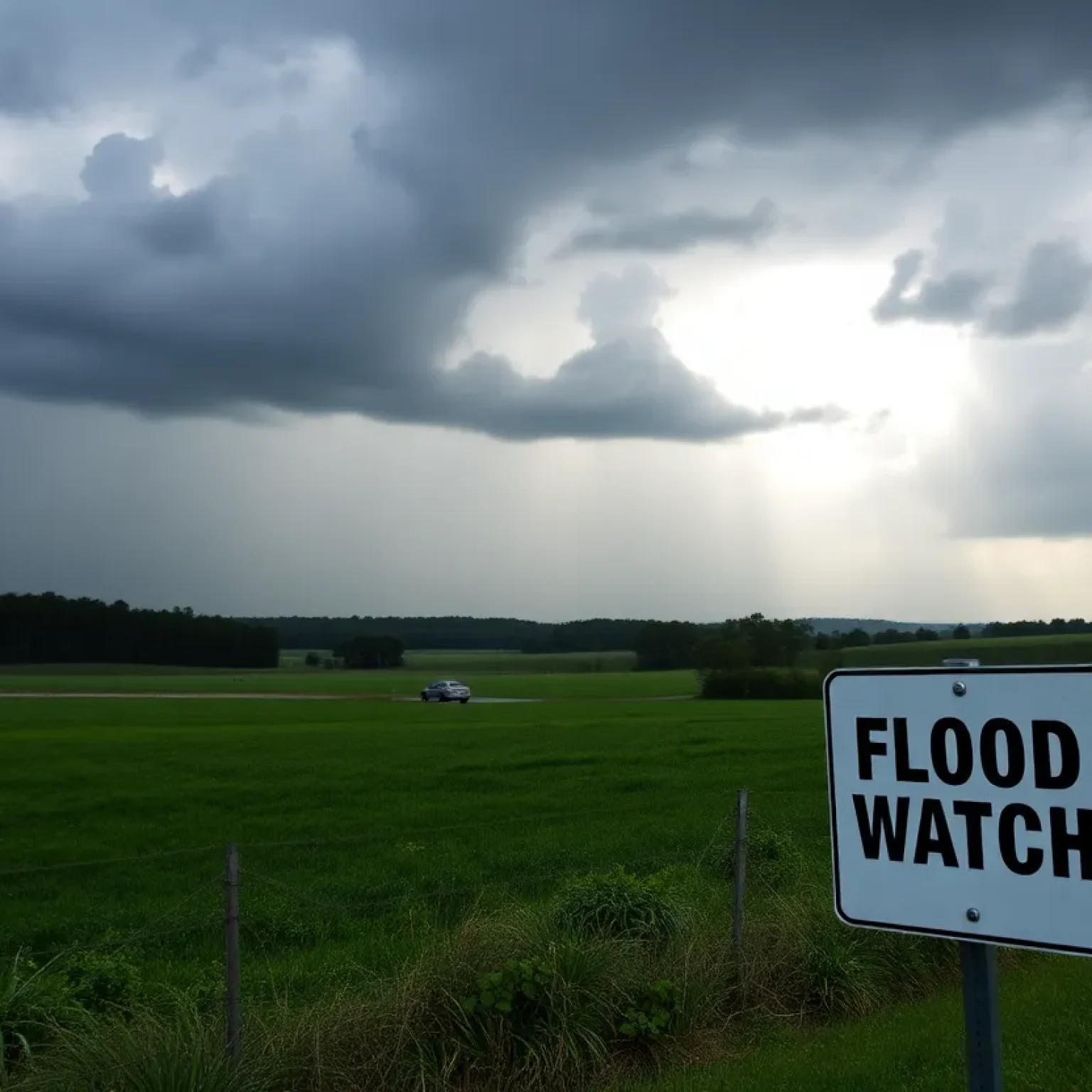 Sign indicating flood warning in Aiken County with dark storm clouds in the background.