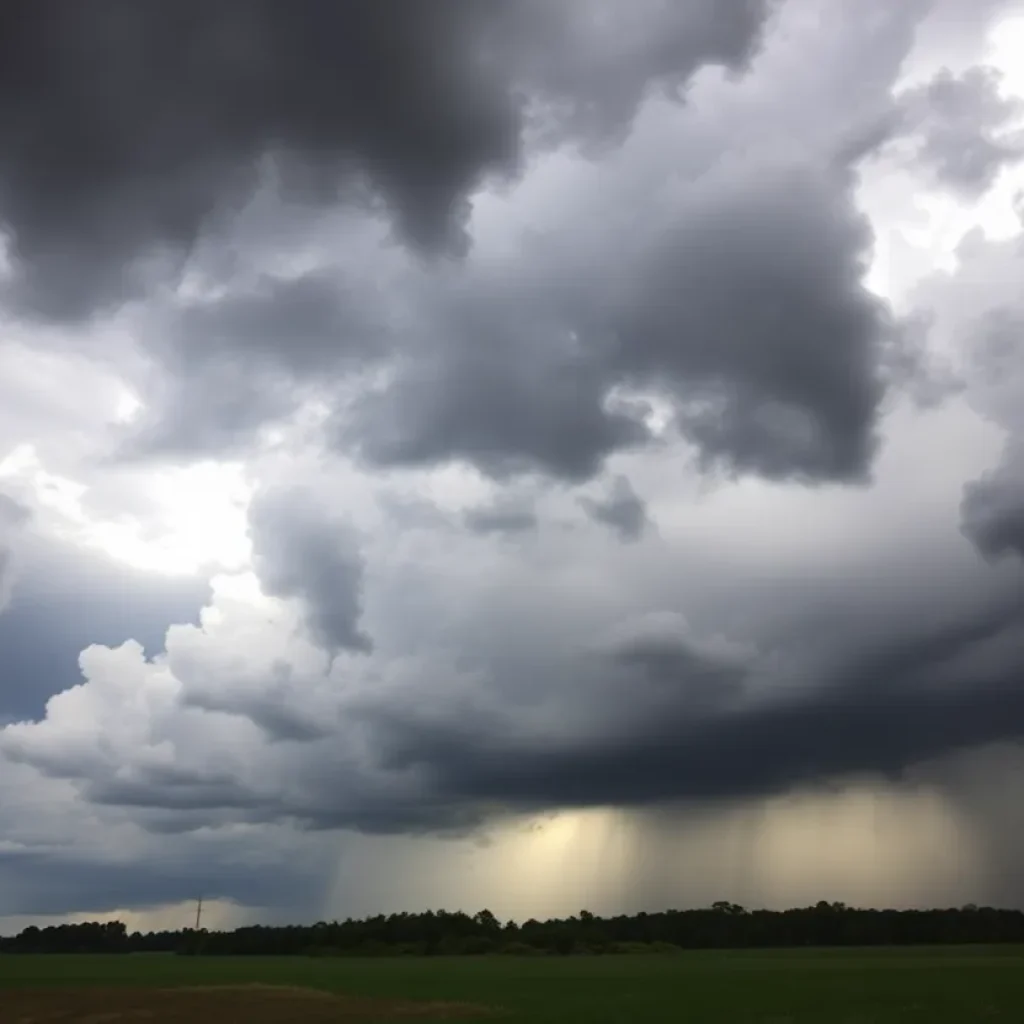 Storm clouds gathering over Aiken County with heavy rainfall imminent.