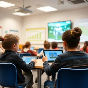 Students using assistive AI technology in a classroom environment.