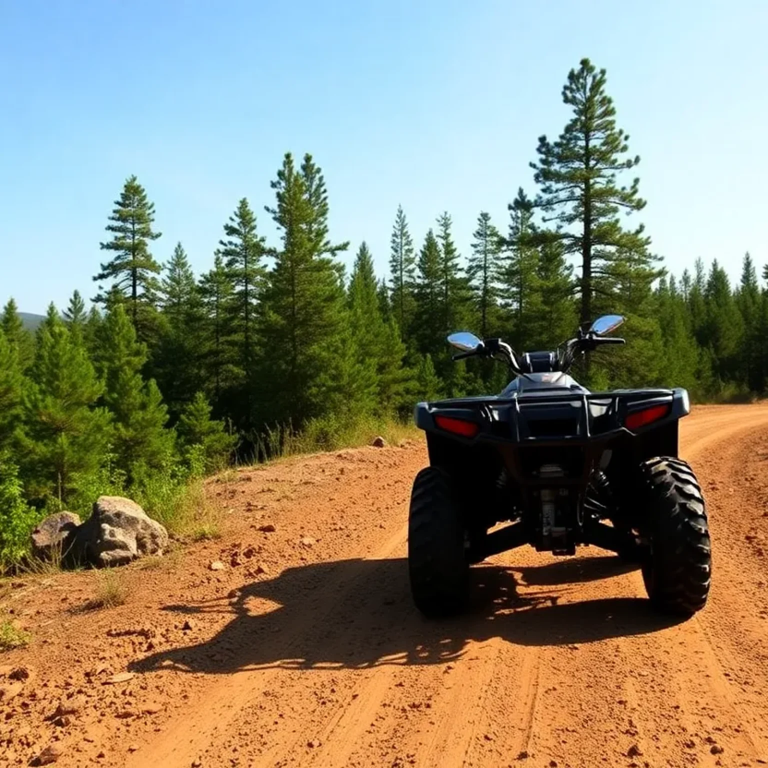 An ATV parked on a scenic dirt road surrounded by trees.