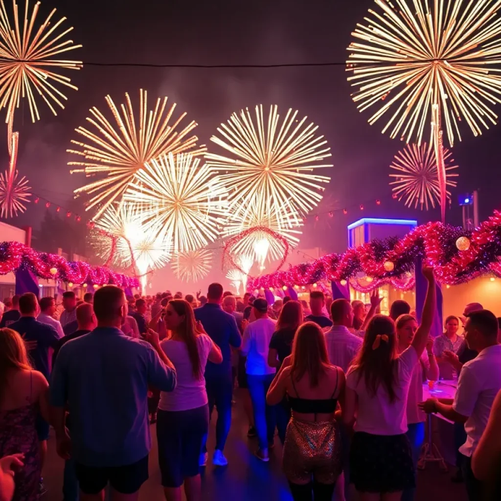 Crowd celebrating New Year's Eve in Augusta with fireworks in the background.