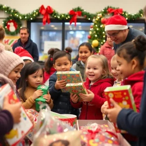 Children happily receiving toys at the Toys for Tots event in Augusta