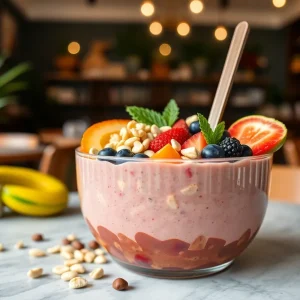 Colorful smoothie bowl topped with fresh fruits and nuts at Bowl Boss.