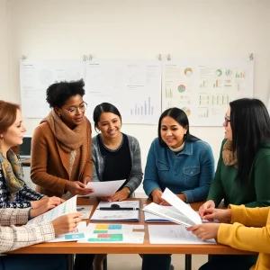 A diverse group collaborating in a community research environment.