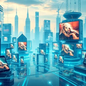 Futuristic digital landscape showcasing various devices with advertisements.