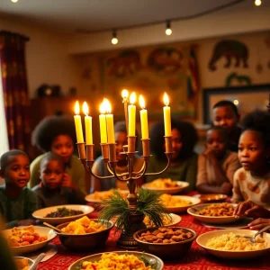 Families celebrating Kwanzaa with a kinara in Augusta