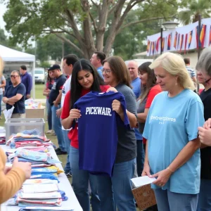 Participants engaged in T-shirt pickup while supporting breast cancer awareness amidst the hurricane.