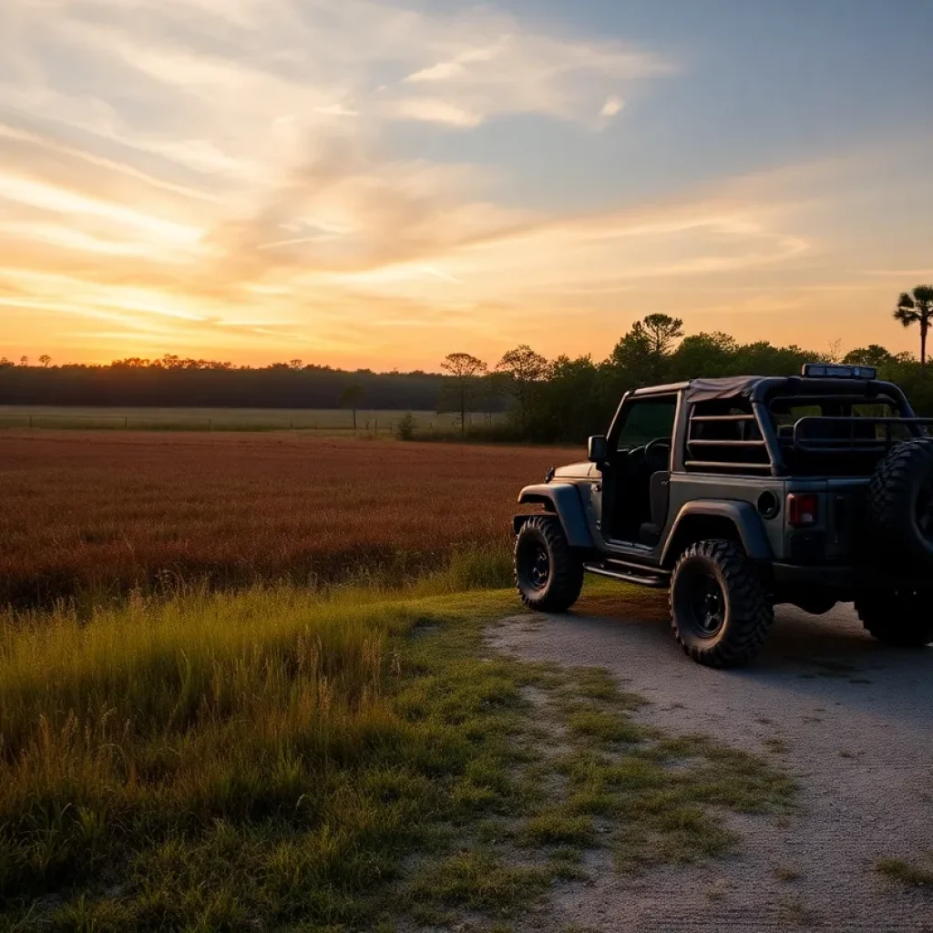 Off-road vehicle in a natural setting promoting safety measures.