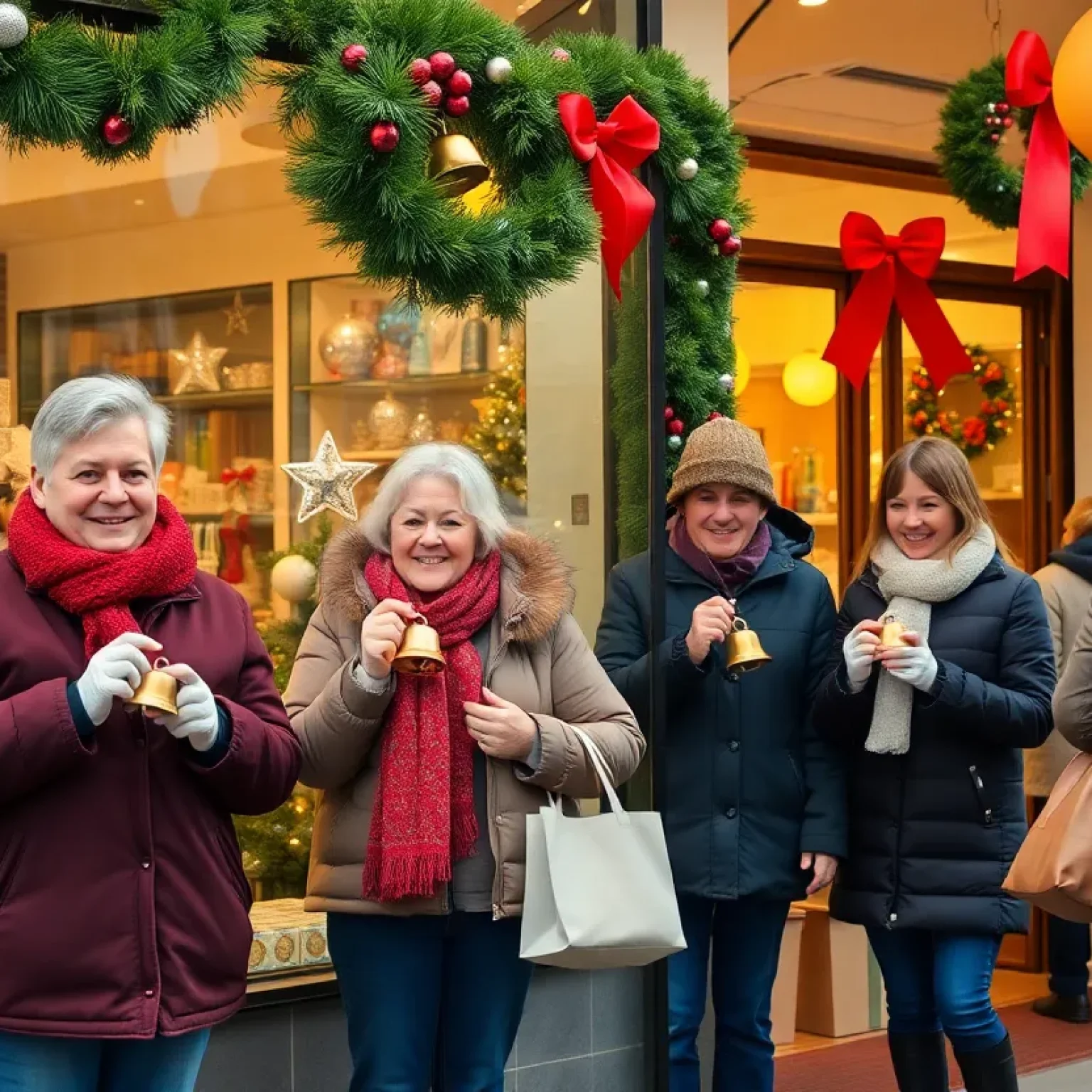 Volunteers ringing bells for the Salvation Army outside a store during the holiday season.