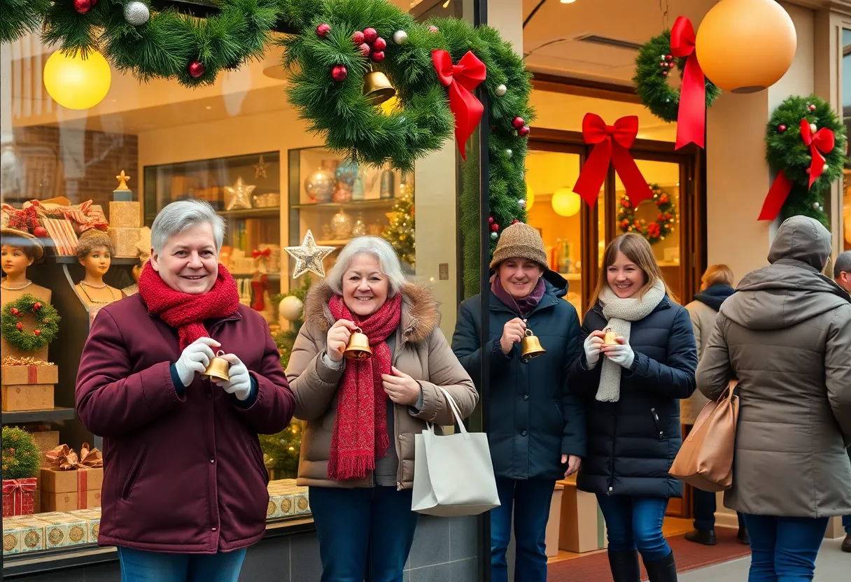 Volunteers ringing bells for the Salvation Army outside a store during the holiday season.