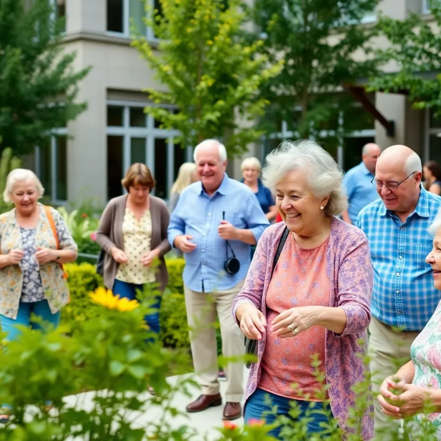 Seniors enjoying activities in a modern community garden