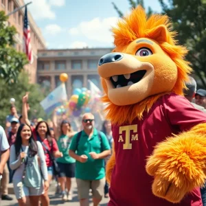 Students celebrating TAMIU's awards with the university's mascot