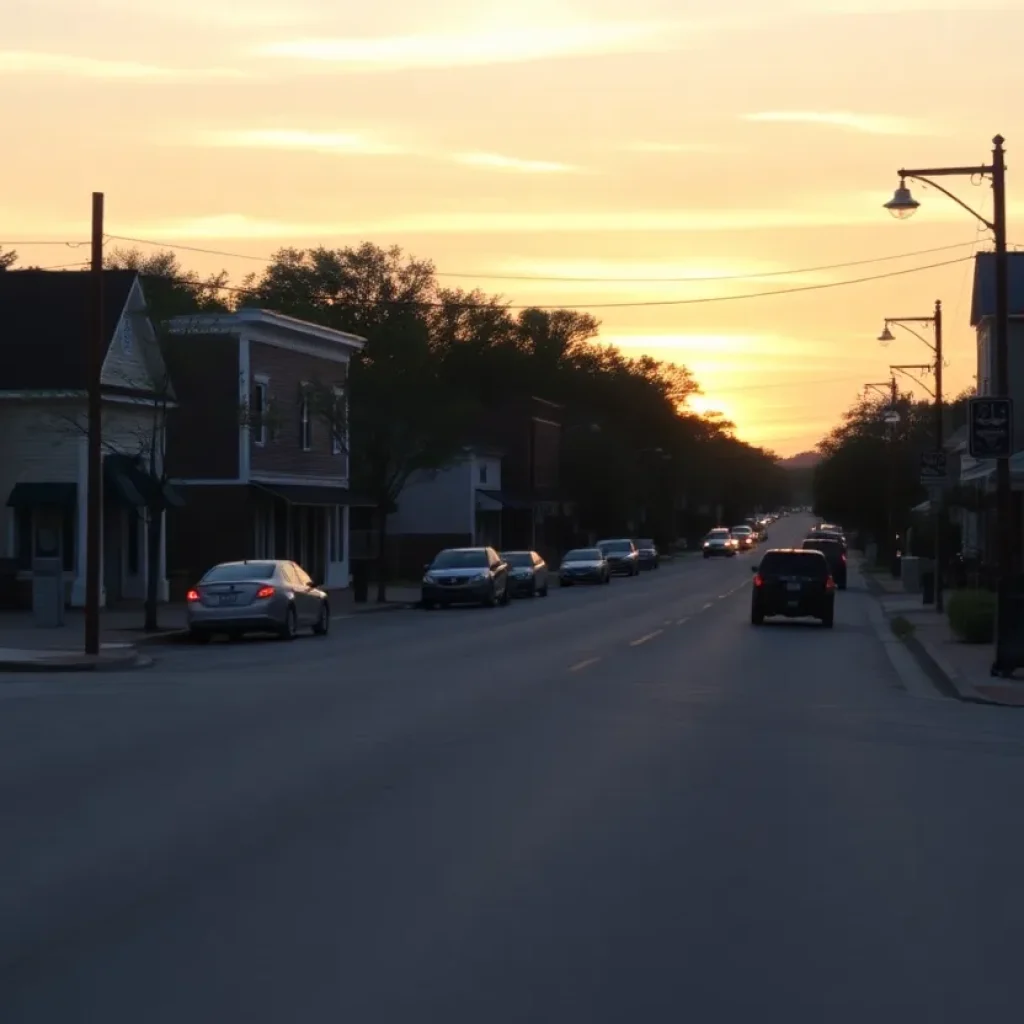 Sunset view of a quiet Aiken street, symbolizing mourning and community support.