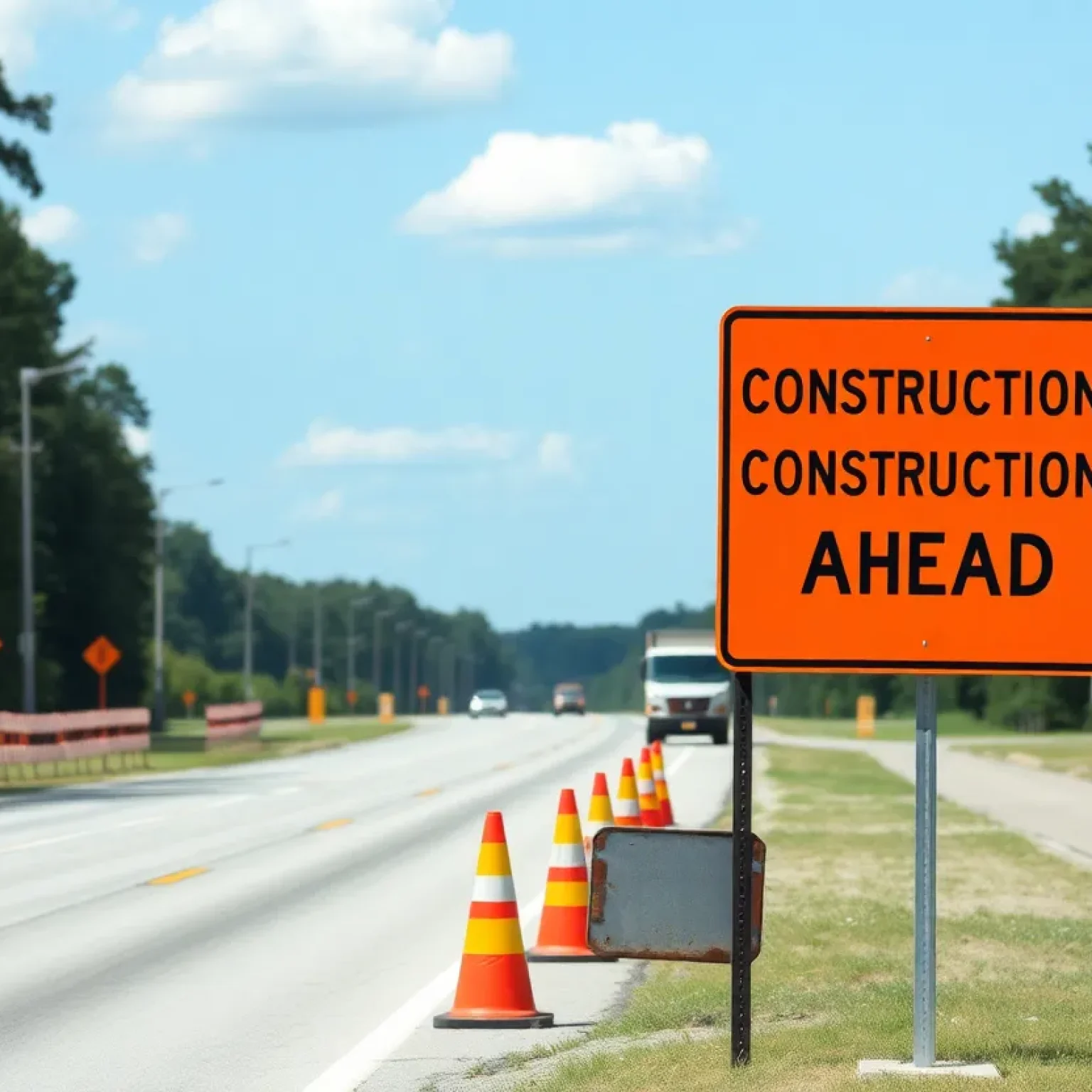 Sign indicating road construction on Atomic Road in Aiken County