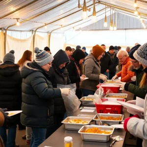 Community members serving hot meals in a shelter during a cold snap.