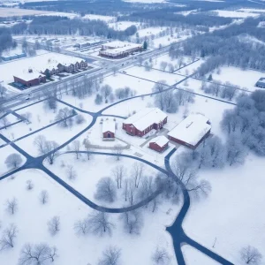 A snowy aerial view of Aiken County with school buildings.