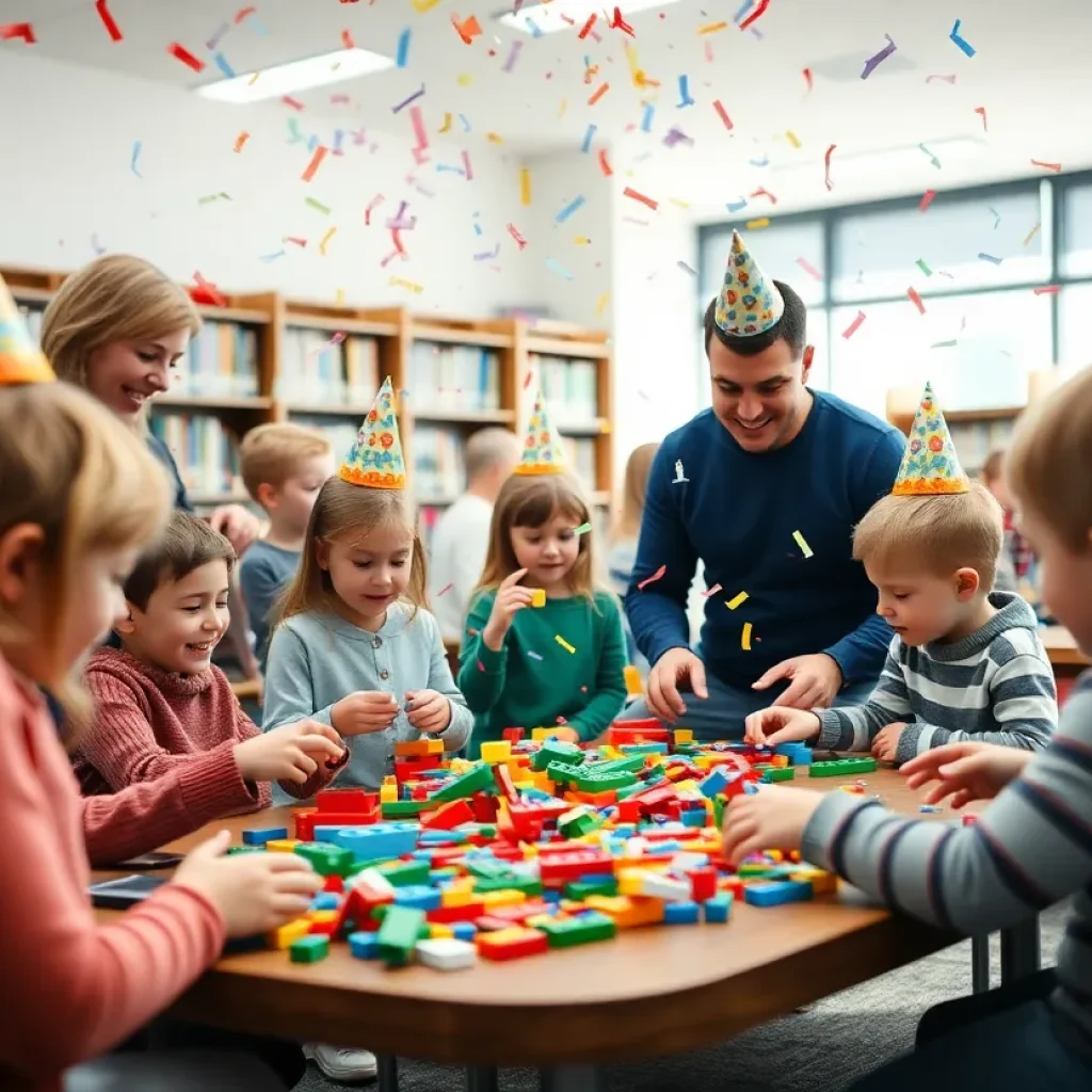 Families celebrating Noon Year's Eve at a library