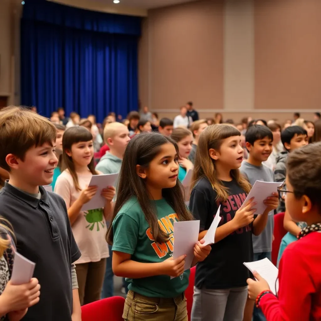 Students competing in a spelling bee at Amentum Center