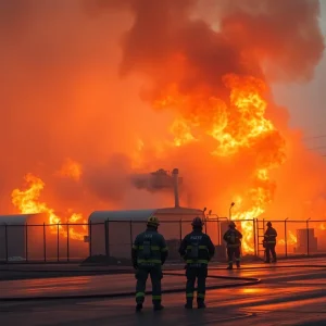 Firefighters combat a large fire at Amick Farms poultry plant