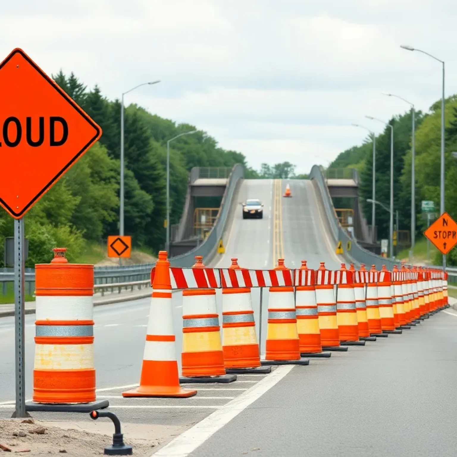 Construction workers repairing bridges on Atomic Road