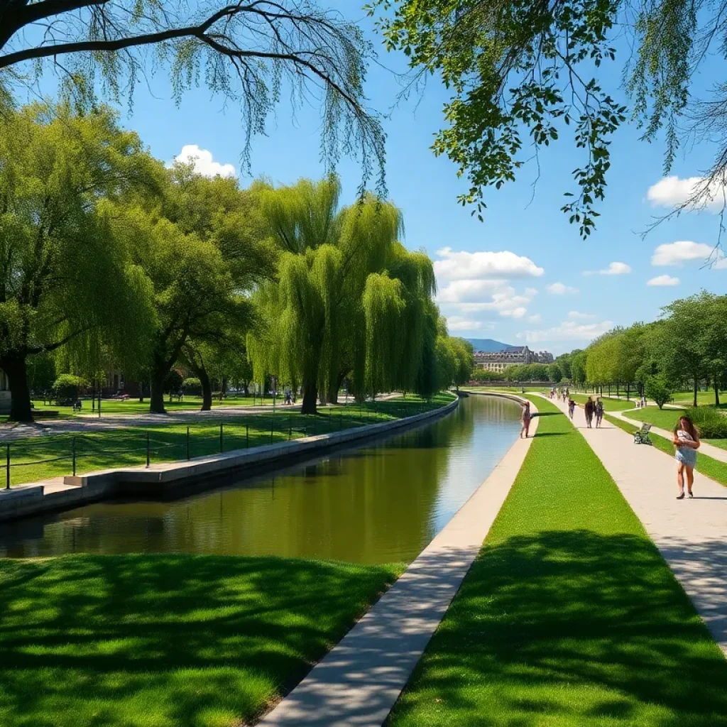 A peaceful view of Augusta Canal Historic Trail, showcasing a path with trees and benches.