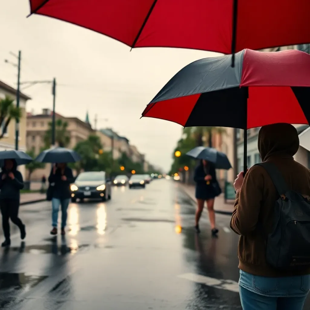 Rainy street in Charleston with people using umbrellas