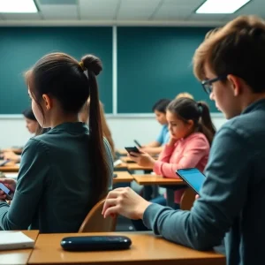 Students learning in a classroom without cell phones or devices