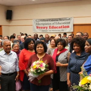 Community leaders celebrating Dr. Cheryl Evans Jones at a meeting.