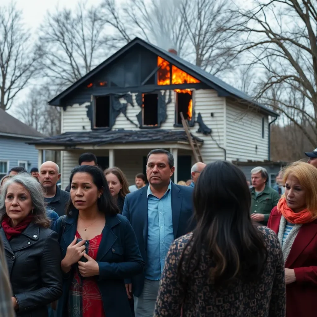 Residents of Aiken gathering in front of a burned house, sharing disbelief and grief.