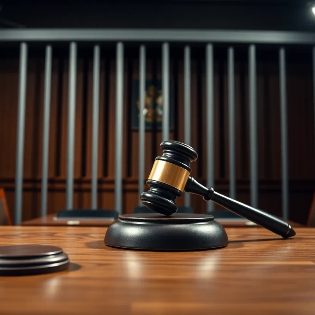 Dramatic courtroom scene with gavel and prison bars