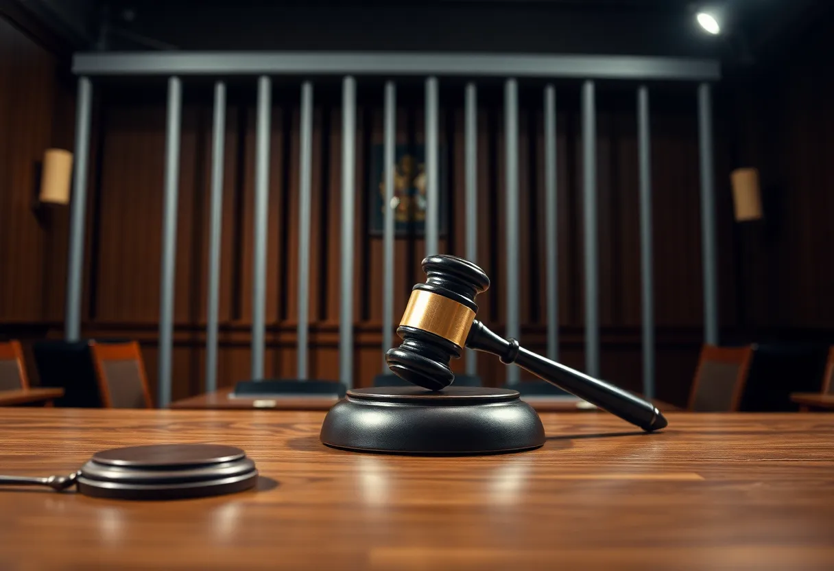 Dramatic courtroom scene with gavel and prison bars