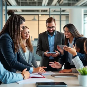 A team of diverse professionals in a meeting discussing crisis management strategies.