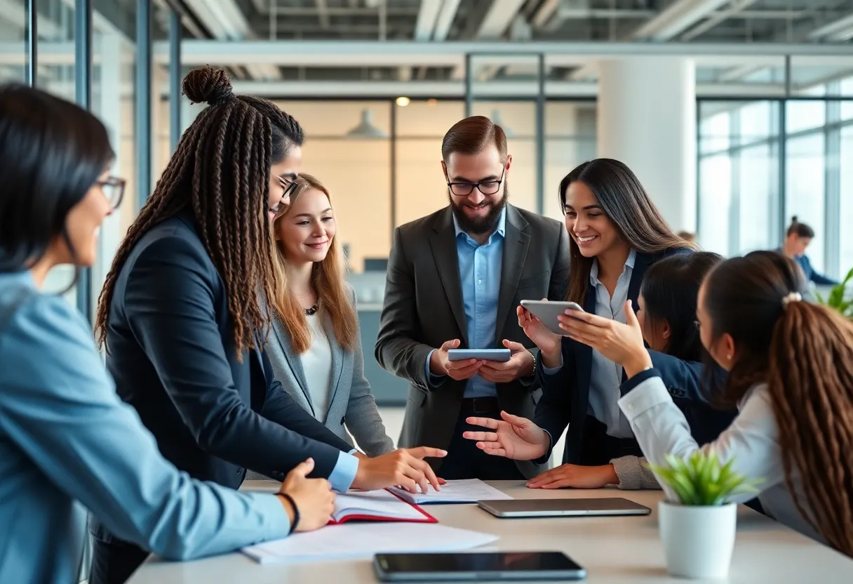 A team of diverse professionals in a meeting discussing crisis management strategies.