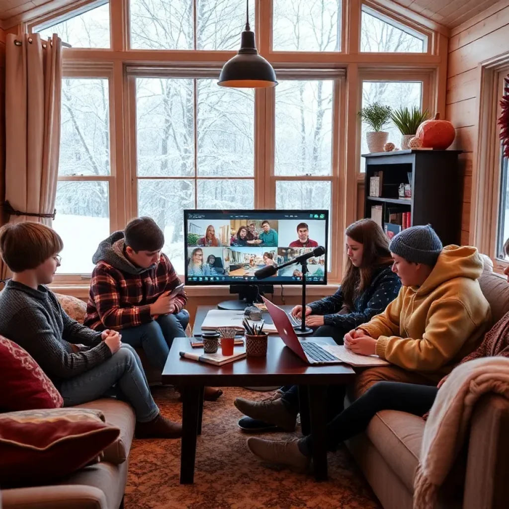 Students participating in an online class during a winter storm