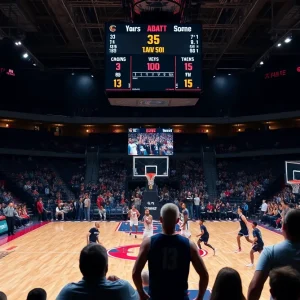 Florida State women's basketball team in action against North Carolina with fans in the background.